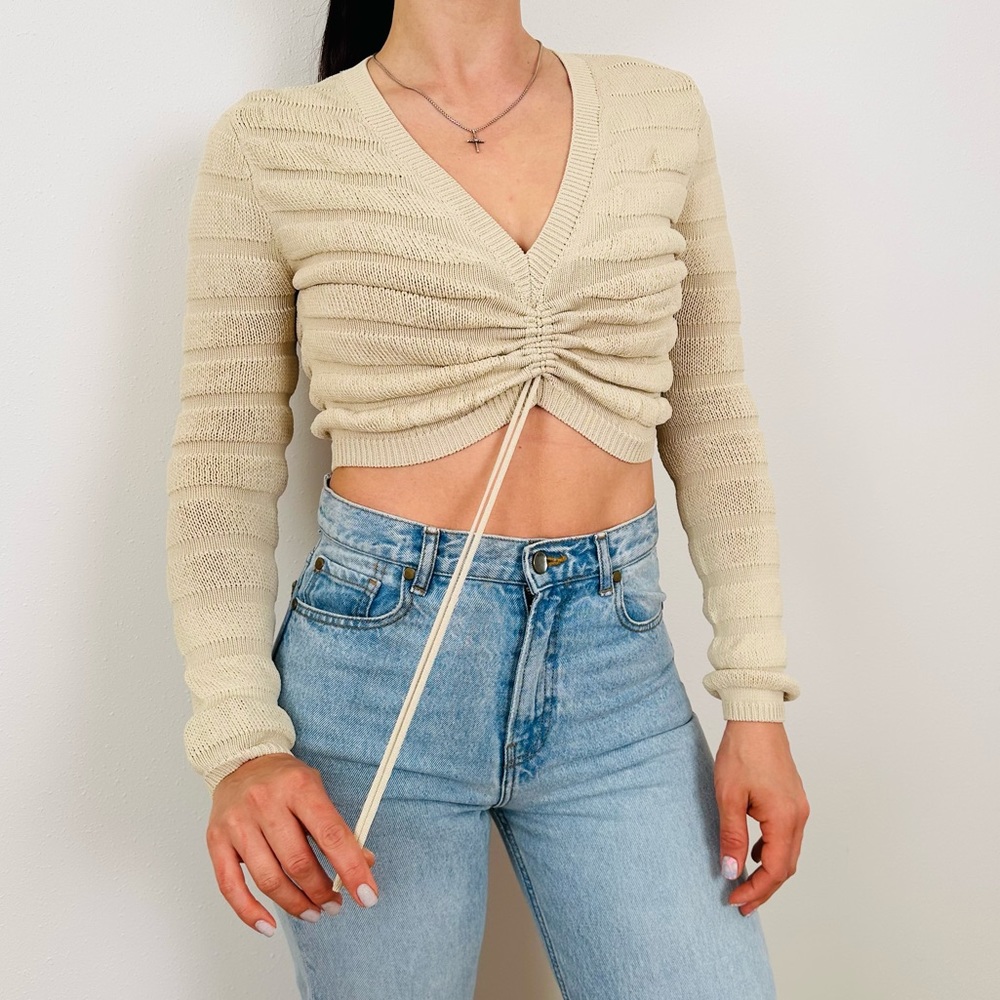 New Maniere De Voir Contour Beige Knit Long Sleeve Top Cropped wrap tie waist
